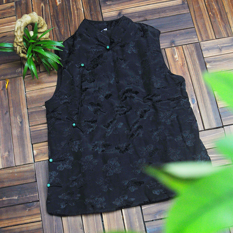 【喜乐】素荷原创中式马甲天丝提花夹棉斜襟花扣秋冬保暖百搭节日 - 图0