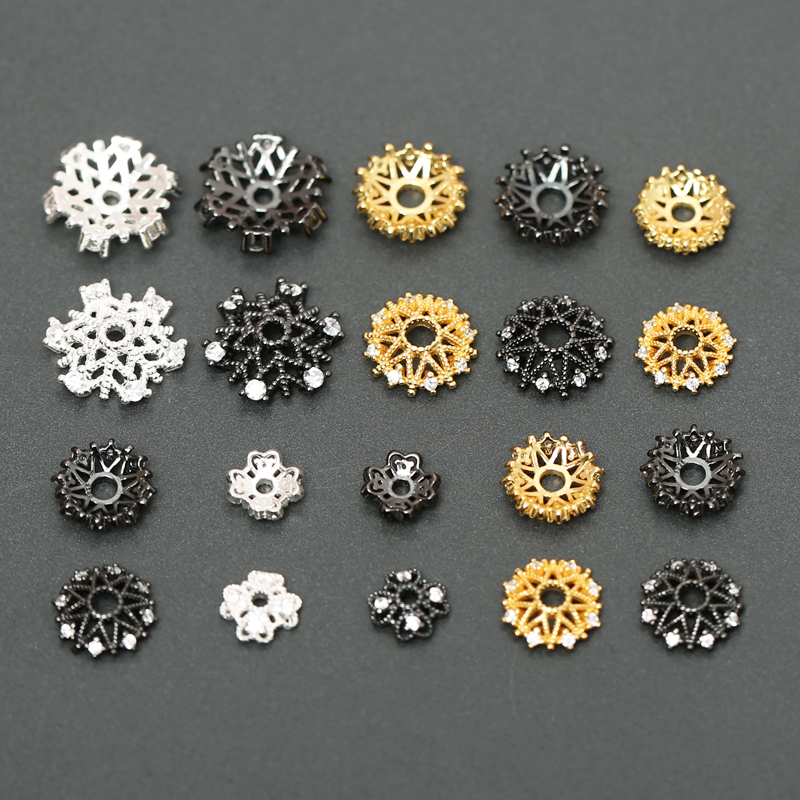 S925纯银枪黑镶钻镂空大号花托花帽DIY水晶手链手串隔珠串珠配件 - 图1