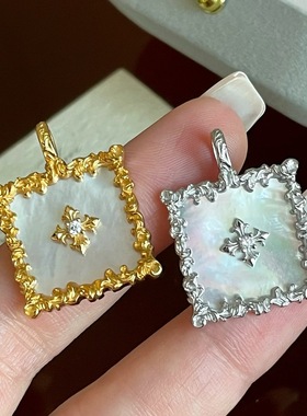 S925纯银白贝十字吊坠项链复古