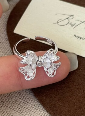 S925纯银拉丝镂空蝴蝶结开口戒