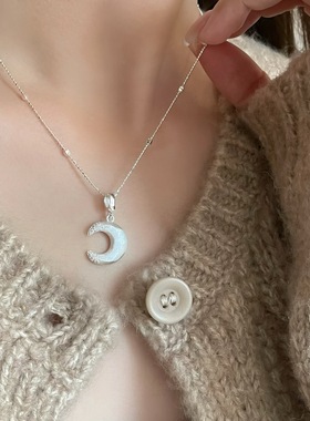 S925纯银月亮镶钻吊坠项链百搭
