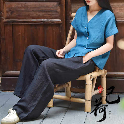 夏季新款文艺宽松显瘦休闲长裤男女高端纯苎麻薄款灯笼裤太极裤子 - 图1