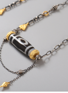 藏式设计西藏天珠项链 九眼三眼天珠吊坠 925银毛衣链男女本命年