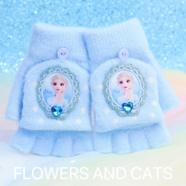 Flowers and Cats autumn and winter New Years children No finger gloves warm girl can flip Aisha Princess Aitha