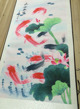 国画花鸟画荷花六条屏挂画卷轴中式壁画丝绸礼品送客户风水画套装
