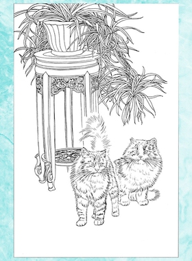 1初学者临摹工笔画白描底稿线描国画稿波动物画稿猫咪8张打包