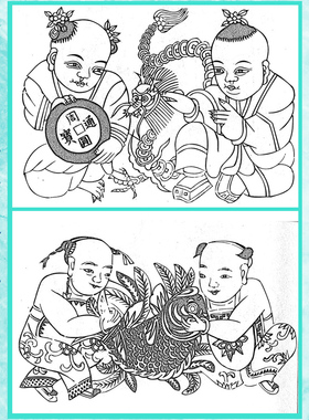题材吉祥白描五子四季金蟾年画
