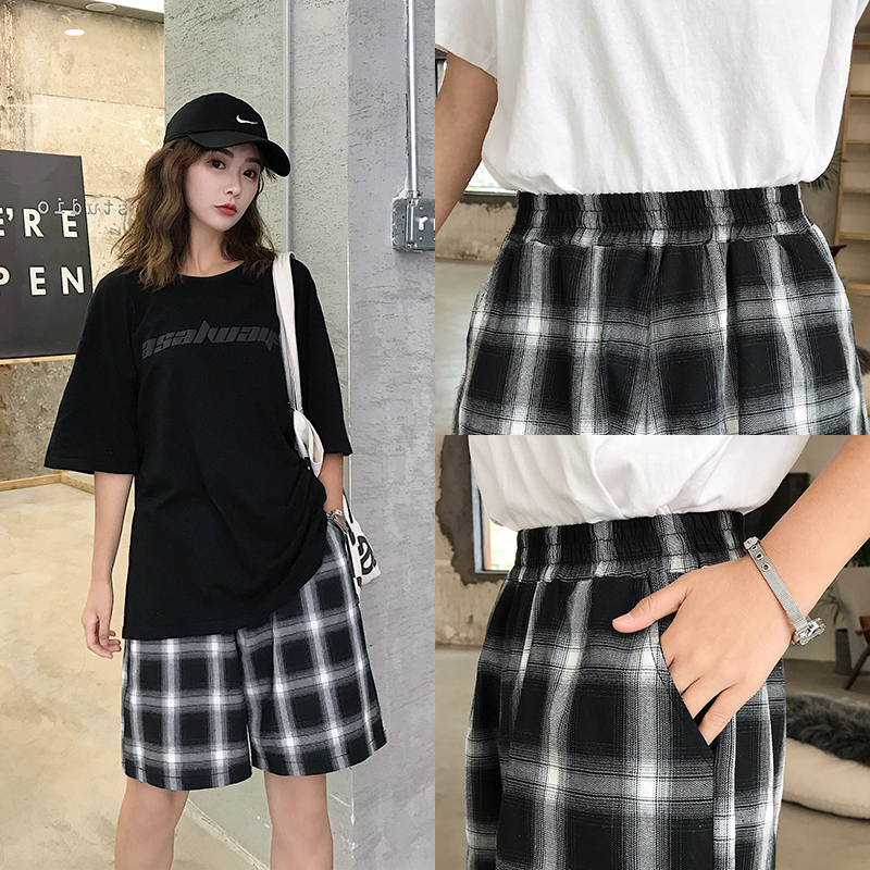衣梵诗旗舰店黑白格子短裤女夏宽松学生直筒五分裤阔腿情侣宽松bf风速干裤沙滩2