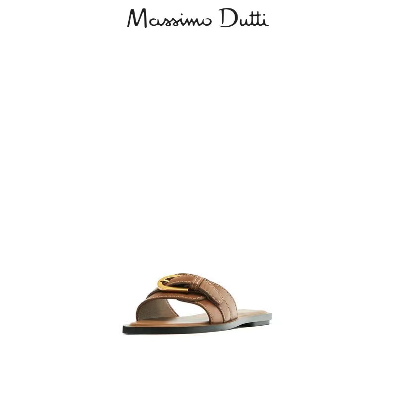 Massimo Duti女鞋 2024夏季新款皮带扣装饰棕色皮革简约平底凉鞋 - 图0