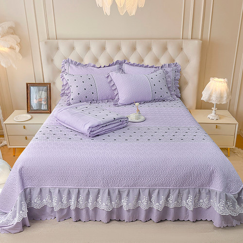 2025新款韩版双层纱蕾丝边夹棉绗缝床盖款四件套单件床裙三件套新 - 图1
