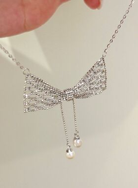 s925纯银蕾丝蝴蝶结珍珠项链女电镀厚金网纱锁骨链意大利工艺饰品