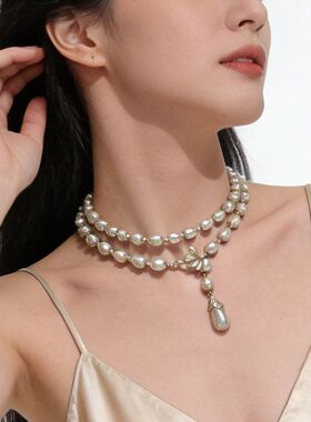 中古Vintage小蜜蜂任意扣珍珠项链多种佩戴长款轻奢女式高级感