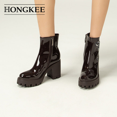 Hongkee/红科2025新款粗高跟女靴亮面时尚简约舒适小短靴H075M404 - 图2