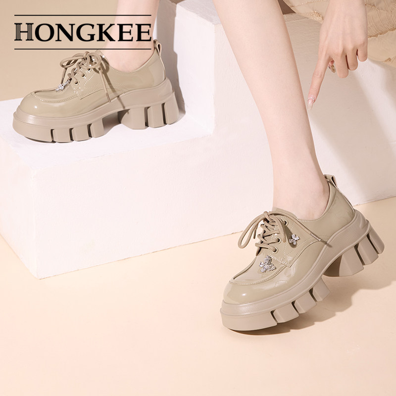 Hongkee/红科单鞋女25春季新款厚底亮面女鞋系带深口鞋HA85M103,淘宝优惠券,粉丝福利购,淘宝优惠卷