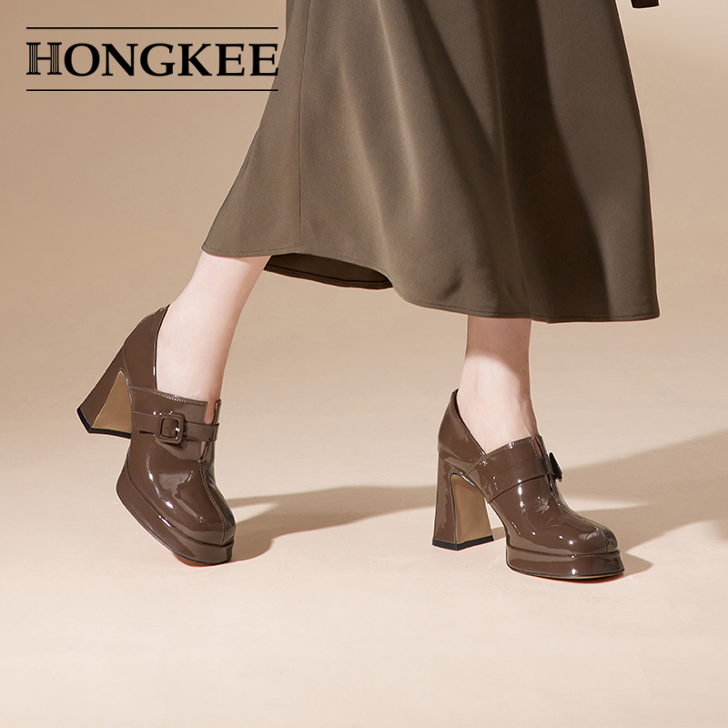 Hongkee/红科高跟鞋2024秋新款深口单鞋防水台配裙子女鞋H744D309 - 图3