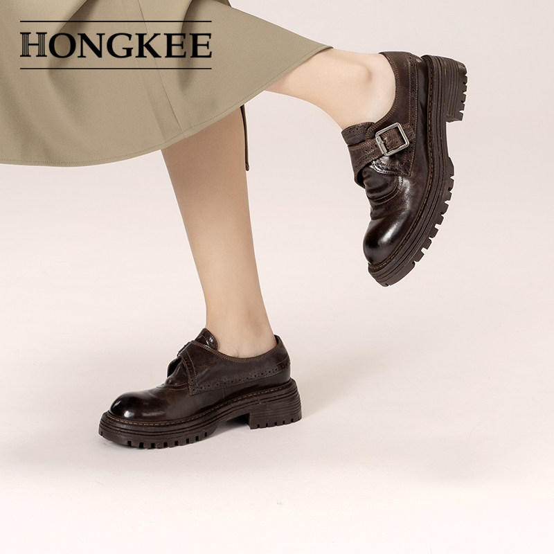 Hongkee/红科2026新款女鞋复古马皮深口单鞋英伦风小皮鞋H596S101,淘宝优惠券,粉丝福利购,淘宝优惠卷