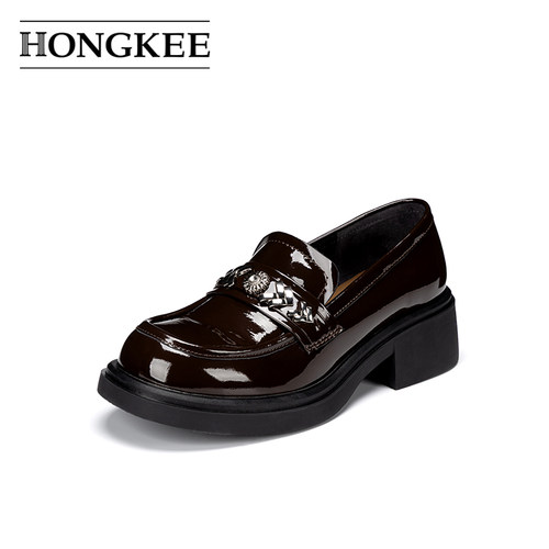 Hongkee/红科乐福鞋2026春季新款牛皮漆皮粗跟通勤女单鞋H816D101 - 图0