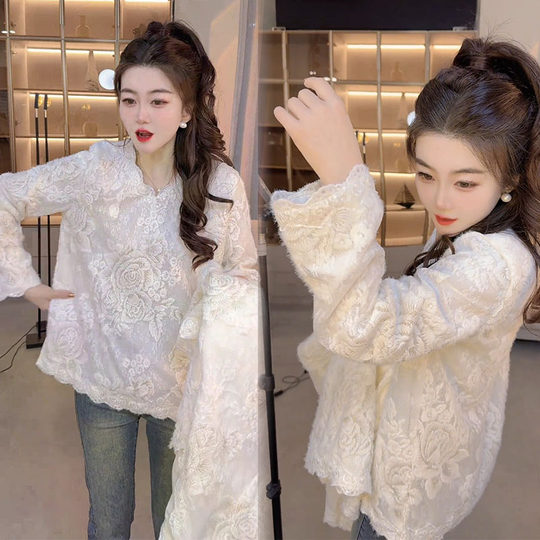 蕾丝衫女2025春季新款气质女神范高级感V领刺绣百搭上衣打底衫冬