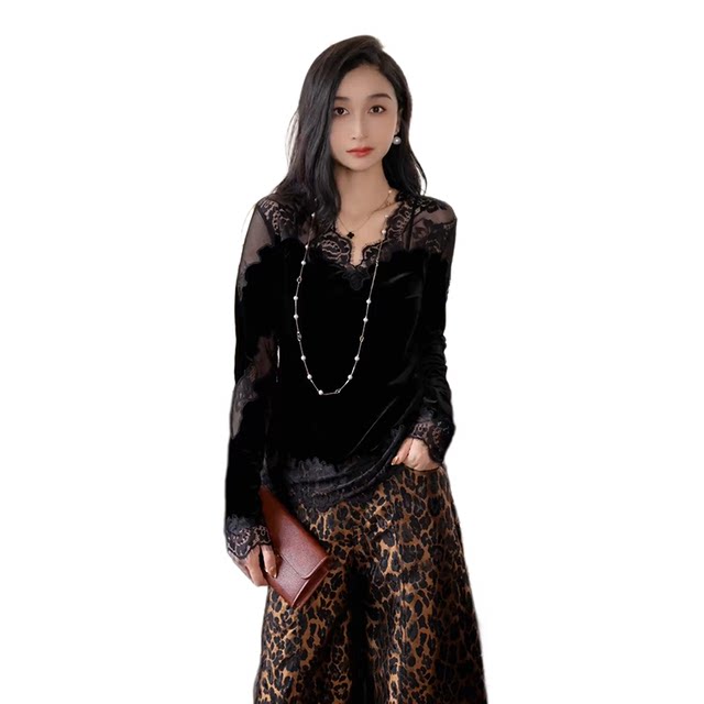 Sexy hollow velvet patchwork commuting ເສື້ອ lace slim