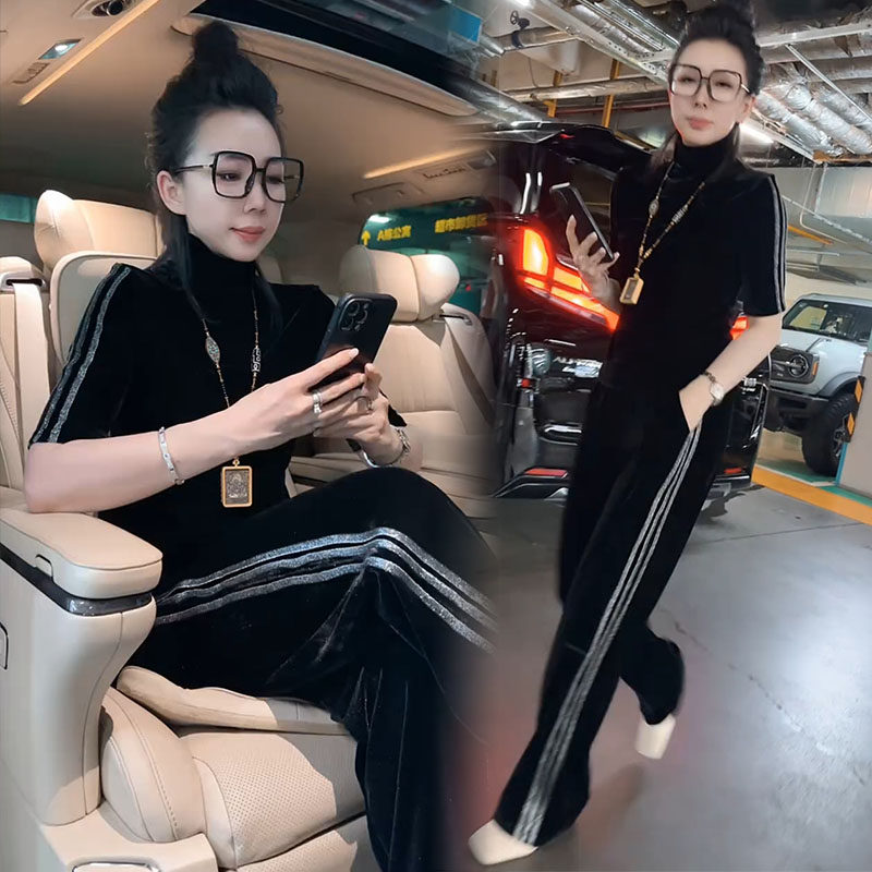 欧货时尚套装女2025秋季新款高领五分袖丝绒t恤阔腿裤显瘦两件套,淘宝优惠券,粉丝福利购,淘宝优惠卷