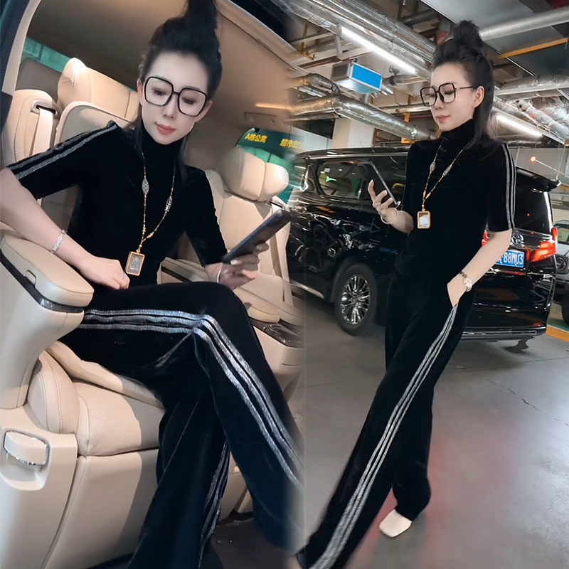 欧货时尚套装女2025秋季新款高领五分袖丝绒t恤阔腿裤显瘦两件套,淘宝优惠券,粉丝福利购,淘宝优惠卷