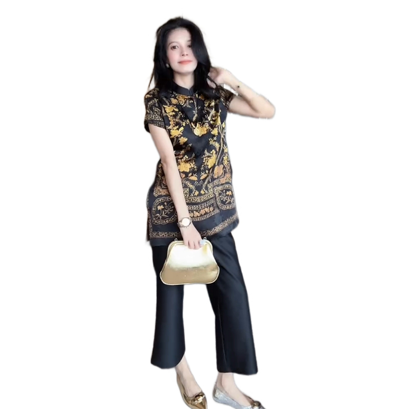 国风时尚套装女夏季新款高档气质开叉中长款花色衬衫阔腿裤两件套,淘宝优惠券,粉丝福利购,淘宝优惠卷