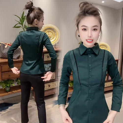 时尚衬衫女2025秋新款气质通勤百搭重工串珠修身显瘦娃娃领打底衫 - 图2