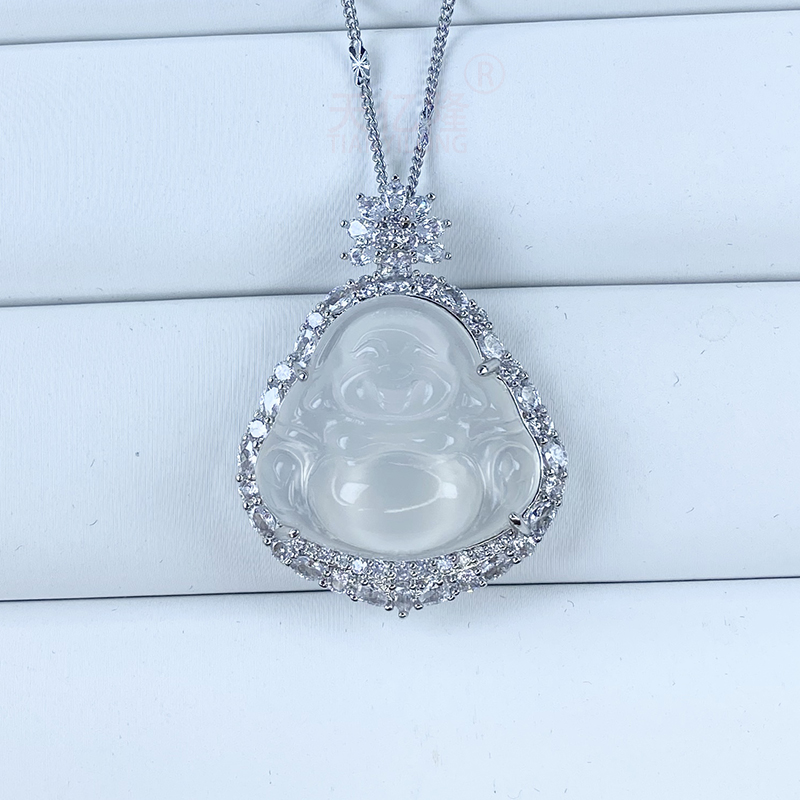 天然冰种佛公吊坠子女翡翠色白玉镶嵌宝石玛瑙佛项链子弥勒佛挂件 - 图0