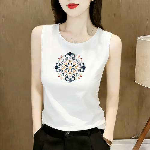 外贸原单女装无袖纯棉背心新中式印花圆领内搭大码打底衫显瘦上衣 - 图1