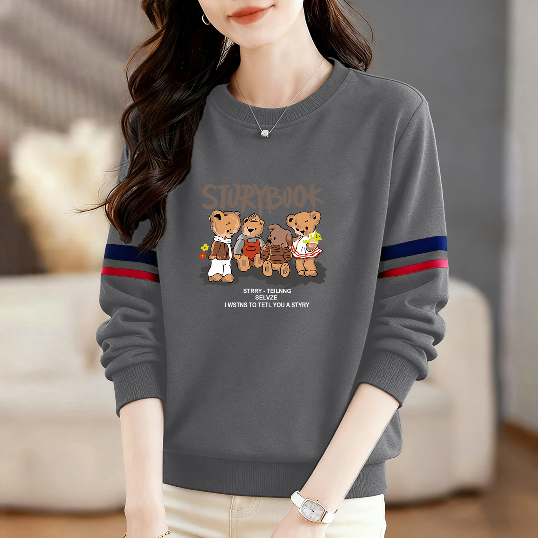 外贸原单女装时尚圆领纯棉卫衣女长袖打底衫秋季新款百搭外穿上衣 - 图1