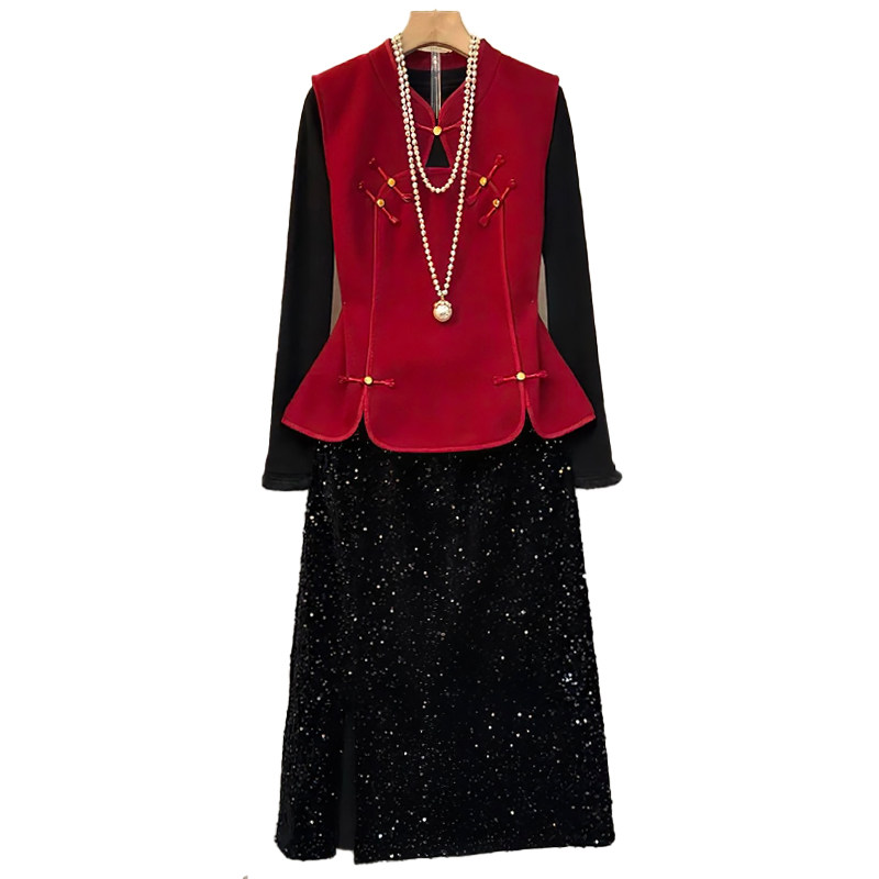 国风盘扣马甲亮片半身裙打底衫套装胖mm2026春冬显瘦宽松大码女装,淘宝优惠券,粉丝福利购,淘宝优惠卷