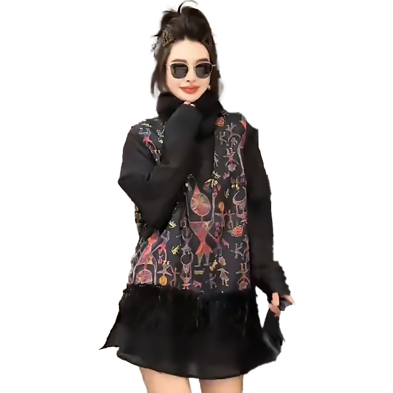 抽象涂鸦流苏马甲女马夹打底衫胖mm2026春冬新款显瘦宽松大码女装,淘宝优惠券,粉丝福利购,淘宝优惠卷