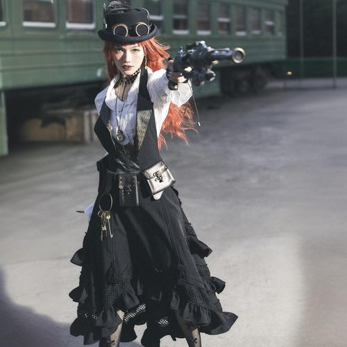 蒸汽大陆 蒸汽朋克steampunk黑色多层花边流苏抽带复古A型长半裙 - 图1