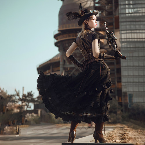 蒸汽大陆 蒸汽朋克steampunk黑色多层花边流苏抽带复古A型长半裙 - 图0