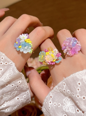 多巴胺绣球花朵戒指女夏天海边度假风甜美食指戒2025新款串珠指环