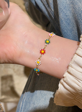 彩色小众项链女小清新雏菊花朵手链颈链ins风撞色设计锁骨链配饰