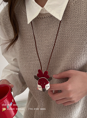 可爱卡通手作布艺项链女秋冬百搭毛衣链长款挂脖吊坠圣诞节配饰品