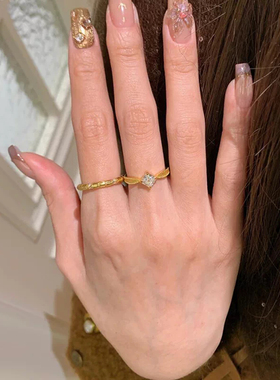 中古金色拉丝小方钻星芒戒指女小众设计轻奢高级感超闪叠戴食指戒