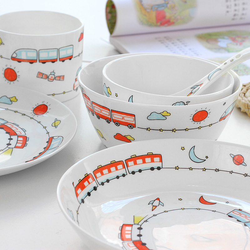 小火车儿童卡通碗盘骨瓷日式家用可爱米饭碗菜盘汤盘陶瓷套装餐具-图0