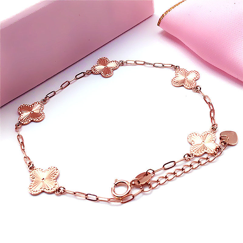 翁氏珠宝 真金18k彩金素金四叶草手链俄罗斯585紫金首饰14k玫瑰金