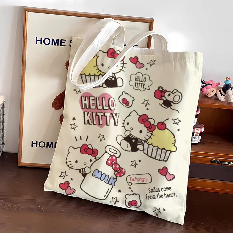 2024新款可爱卡通新款高颜值凯蒂包女单肩手提袋大容量KT帆布包,淘宝优惠券,粉丝福利购,淘宝优惠卷