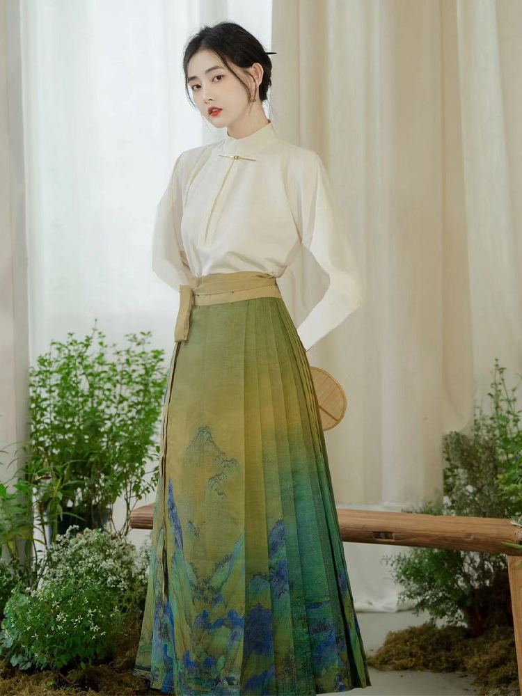 新中式千里江山图马面裙半身裙夏季薄款汉服套装2024新款日常裙子-图0