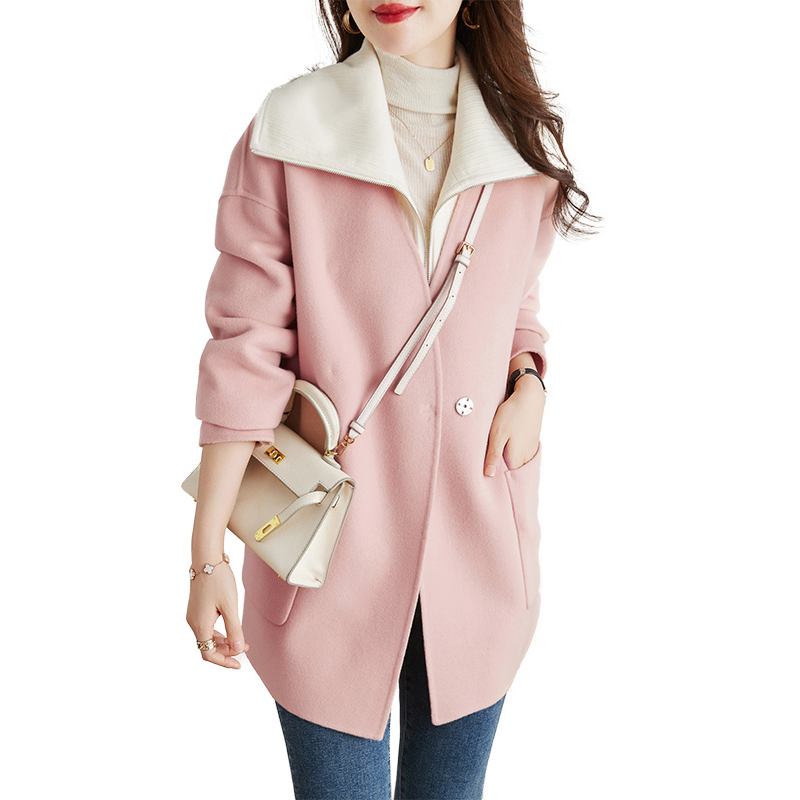 粉色双面零羊绒大衣女2023年新款秋冬赫本风中长小个子羊毛呢外套