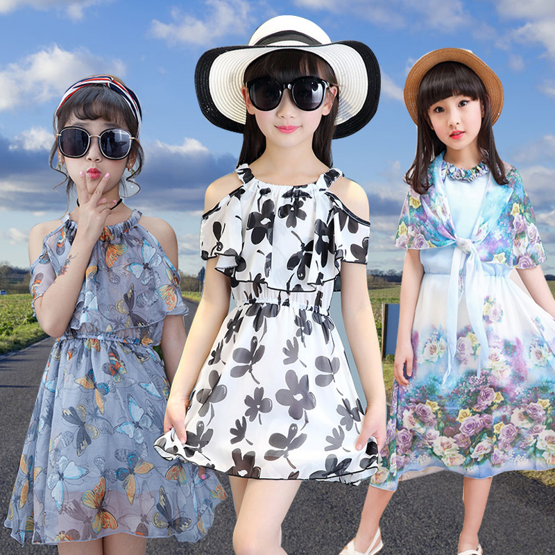 女童連衣裙親子裝2019夏季新款韓版中大童雪紡碎花裙子露肩潮母女