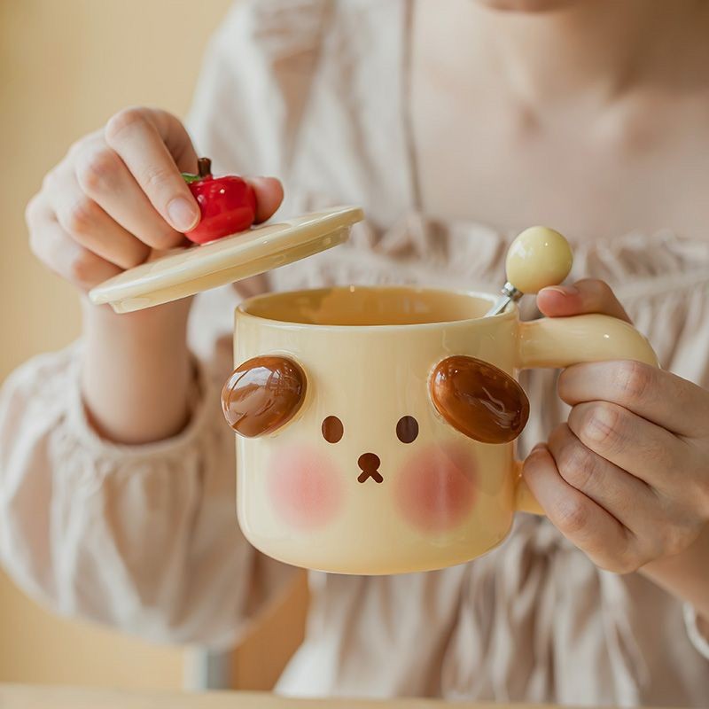 拾器集可爱小猪陶瓷杯子带盖带勺马克杯家用情侣对杯女生生日礼物