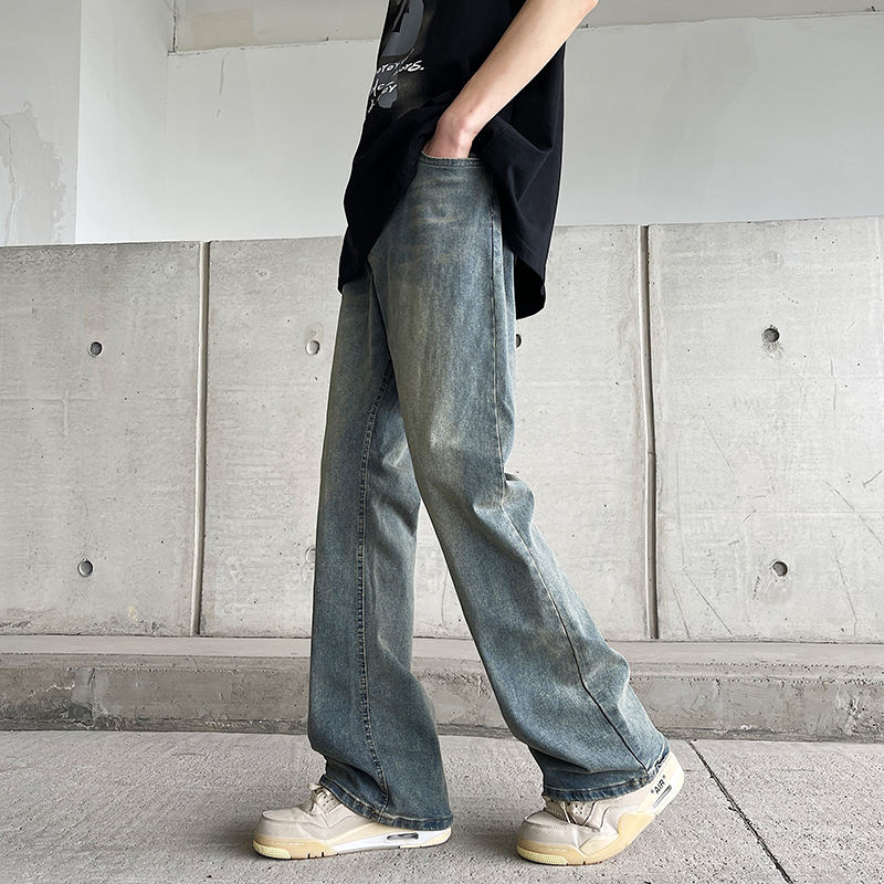 重磅牛仔裤男潮牌夏季vibe美式高街休闲cleanfit黑色微喇直筒长裤 - 图0