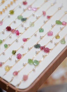 高档天然碧玺镶嵌14K包金手链小奢品红碧玺绿碧玺糖果色配饰品