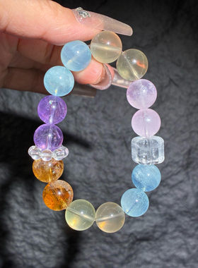 多巴胺多宝水晶手链海蓝宝紫水晶黄水晶粉柱石手串小奢时尚百搭