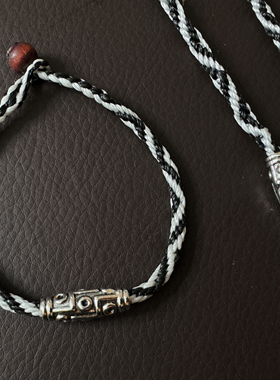 西藏拉萨直发扎基寺九眼不灭长寿金刚绳搭配银饰九眼天珠传统黑色