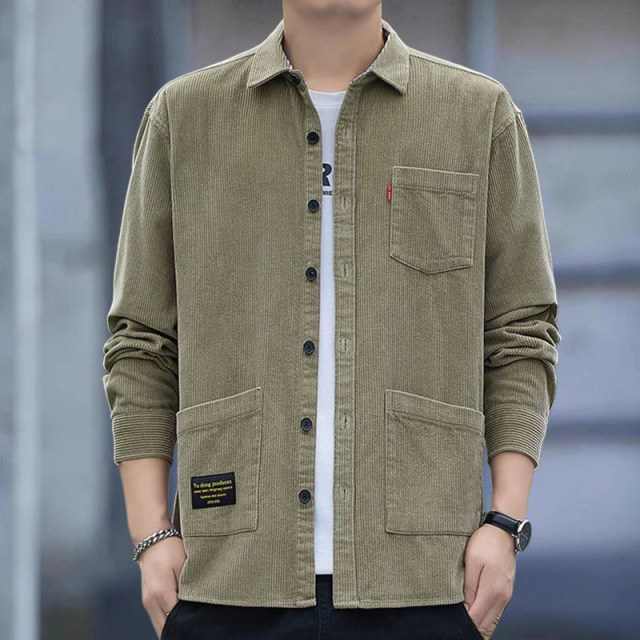 ຜູ້ຊາຍ corduroy ຫນັກ striped ຫຼາຍກະເປົ໋າ lapel ແຂນຍາວ ເສື້ອທີເຊີດຜູ້ຊາຍ trendy jacket versatile jacket ອຸນຫະພູມຄົງທີ່